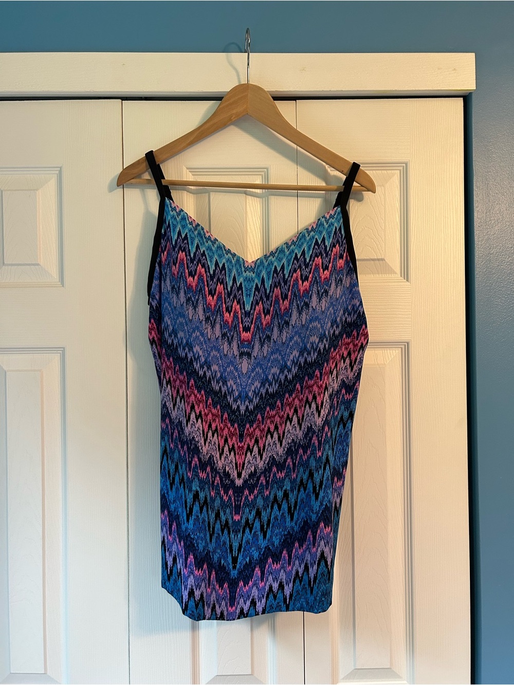 Aqua Green Black Tank with Blue and Purple Chevron Accent Swim Top